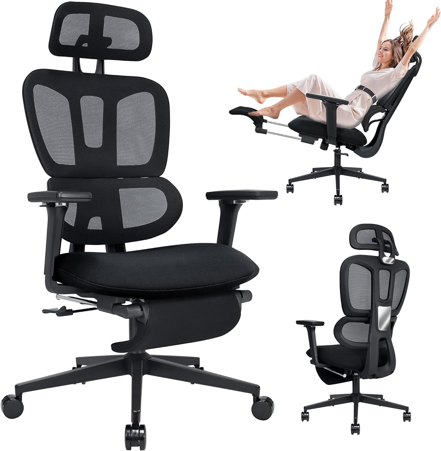Ergonomic Office Chair with Footrest, High-back Computer Chair with Dynamic Lumbar Support, 2D Headrest & 4D Armrests, Sponge Cushion & Mesh Back, Home Office Chair for Adults, Black