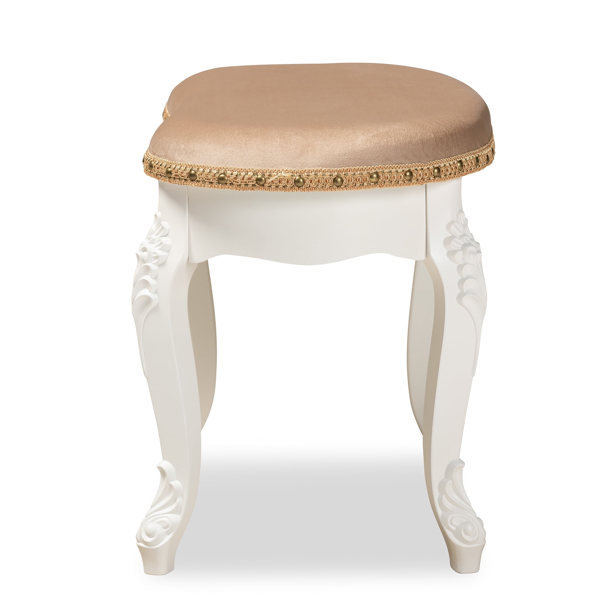 Baxton Studio Gabrielle Traditional French Country Provincial Sand Velvet Fabric Upholstered White-Finished Wood Vanity Ottoman
