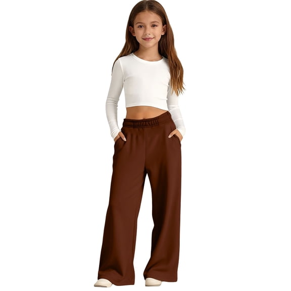 GiLiling Girls Sweatpants, Cute Baggy Sweatpant for Teens Girl, Casual Kids Baggy Pants High Waist Elastic Joggers with Pockets (Brown, 5-6 Years)