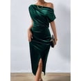 thumbnail image 5 of Women'S Off the Shoulder Asymmetrical Velvet Midi Dress Short Sleeve Ruched Elegant Party Dresses Green L, 5 of 8