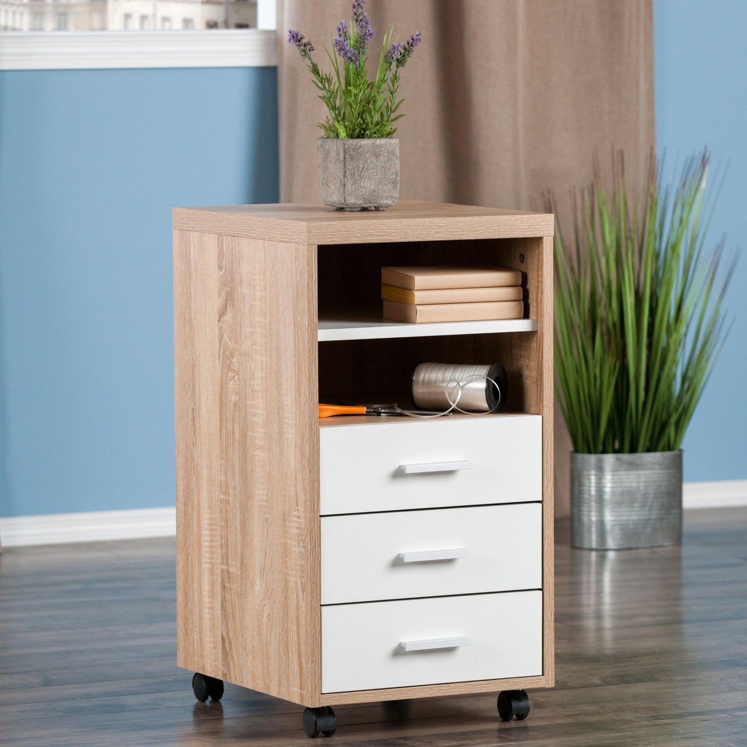Winsome Kenner Mobile Storage Cabinet, 3 Drawers, 2 Shelves, Reclaimed Wood/White Finish