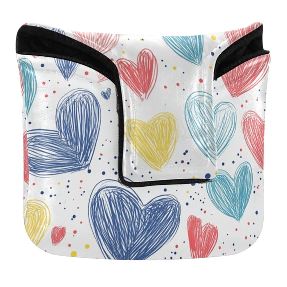 Haosy Hand Drawn Red Blue Yellow Hearts Golf Mallet Putter Cover Strong Magnetic Leather Golf Club Headcover Closure