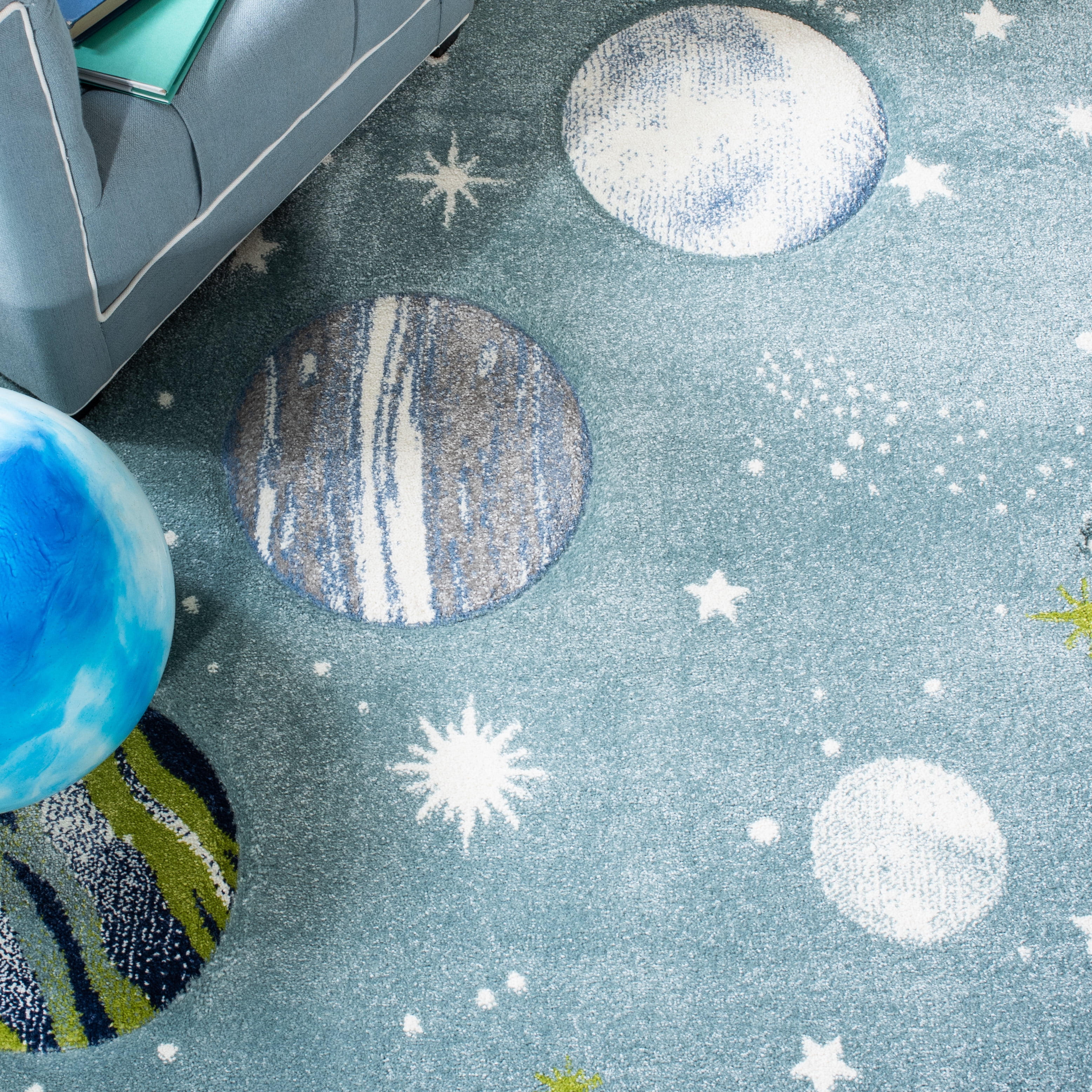 SAFAVIEH Carousel Kids World of Planets Runner Rug, Teal/Ivory, 2' x 8'