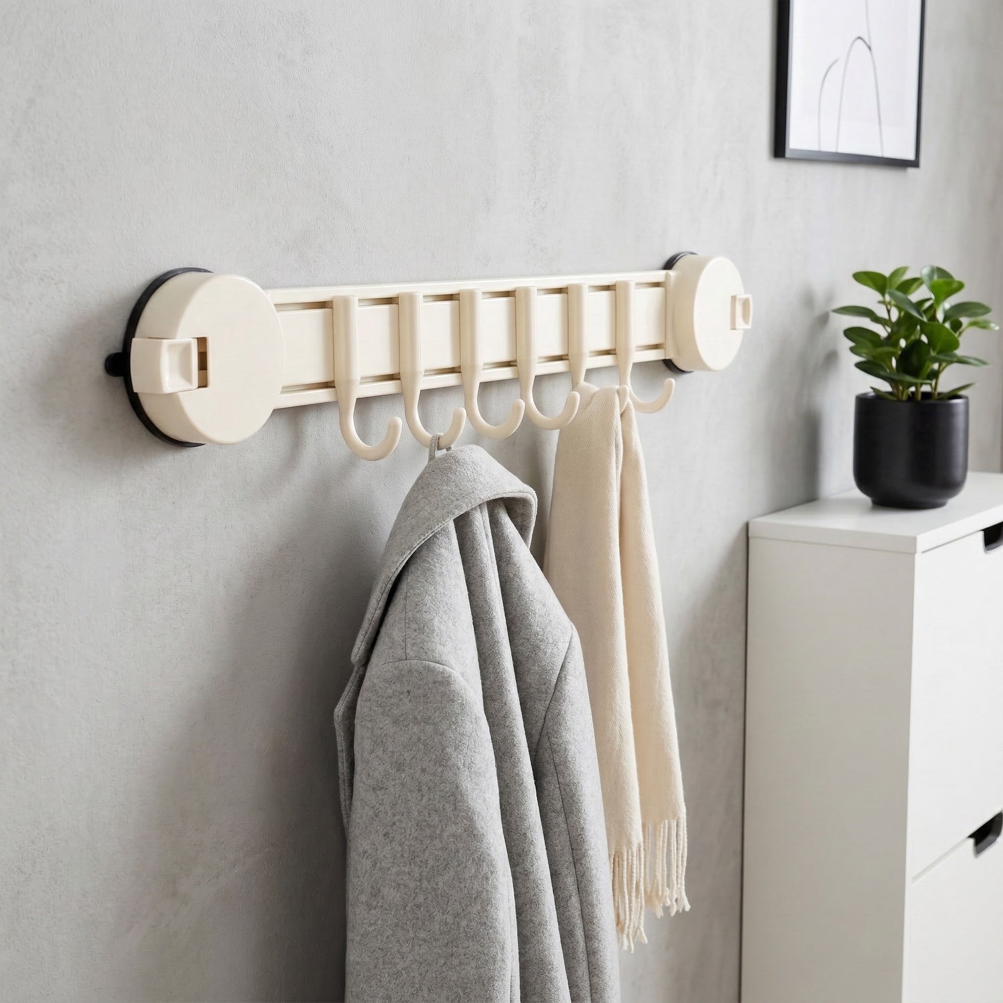 Unique Bargains Coat Rack Wall Mount Suction Cup 6 Hooks for Entryway Milk White