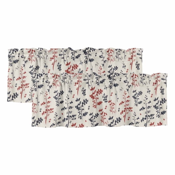 2 Pack Grey Red Botanical Valances for Windows Bedroom Living Room Window Treatments, Rustic Country Spring Floral Summer Leaf Rod Pocket Valance Drapes Short Kitchen Curtains Over Sink 54"x18"