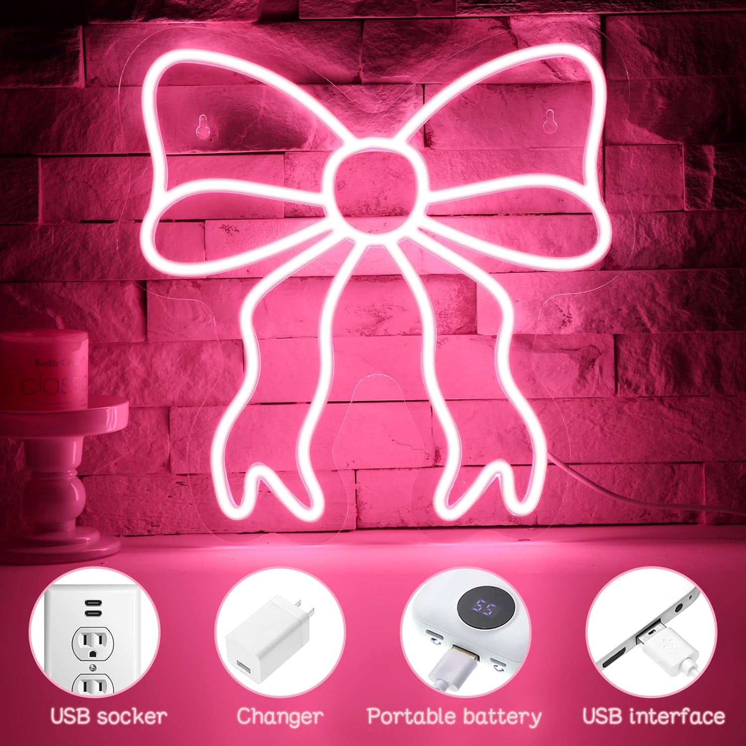 Pink Bow LED Neon Sign Bedroom Women Room Neon Light Sign Coquette Aesthetic Home Wall Preppy Dorm Beauty Room Salon Decor Party Bar Decoration Gift for Her 11.8x11.8in