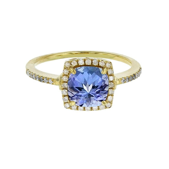 Solid 14K Yellow Gold 7mm Cushion Genuine Blue Tanzanite December Birthstone & 0.20 CTTW Diamond Halo Ring | 14K Gold Tanzanite Ring For Women, Size-6