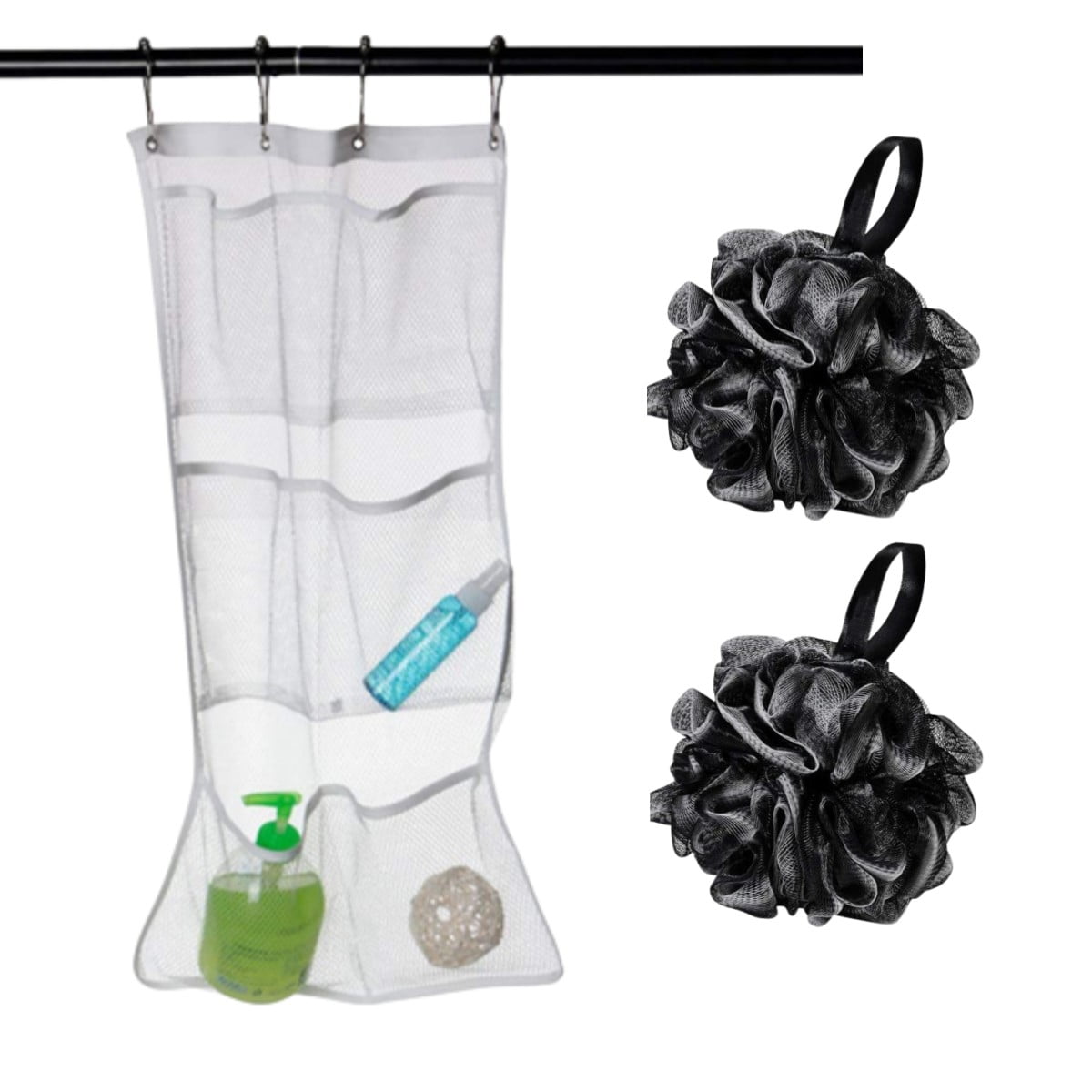 Bath Shower Loofah Sponge 70g & Mesh Shower Organizer Hanging 6 Pockets