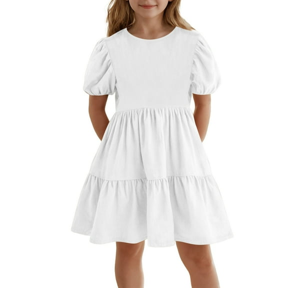 KAUOD Girls Puff Short Sleeve Summer Dress Crew Neck Pleated Swing Casual Dresses Kids Girls Solid Knee Length Ruffles Skirts