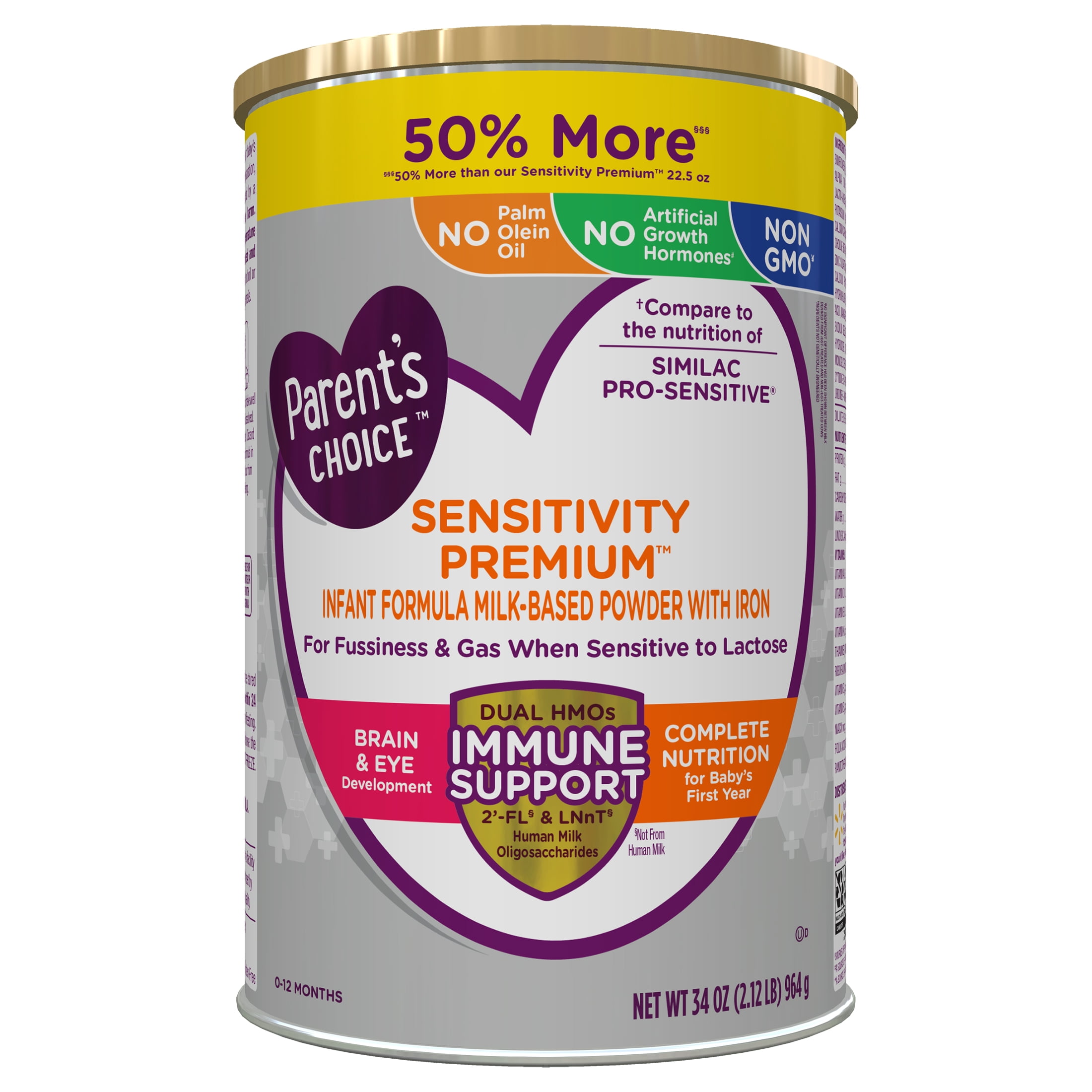 (3 pack) Parent's Choice Sensitivity Premium Baby Formula with Iron, Dual HMOs, 34 oz Canister