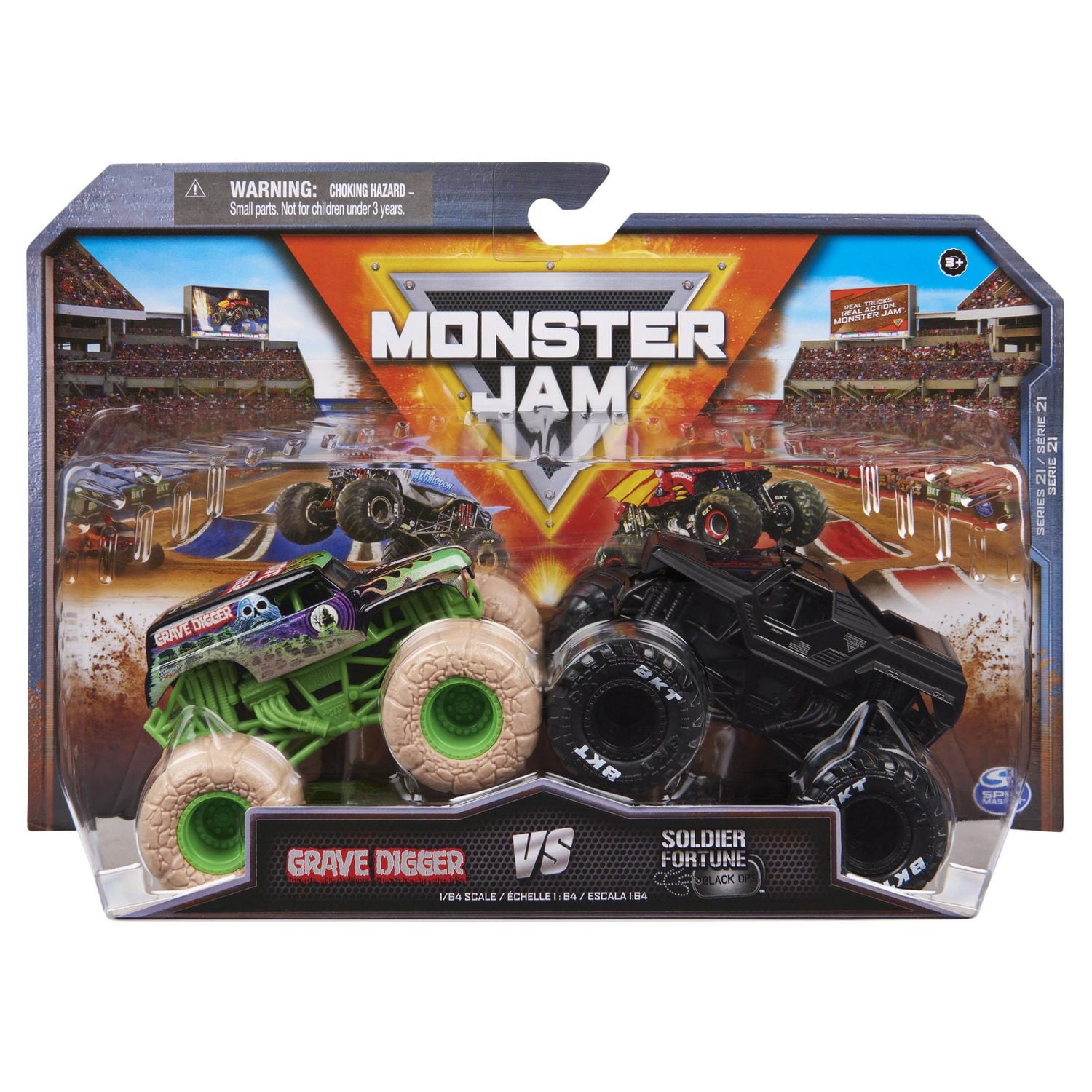 Monster Jam, Official Grave Digger Vs. Soldier Fortune Black Ops Die-Cast Monster Trucks, 1:64 Scale, Kids Toys for Boys Ages 3 and up