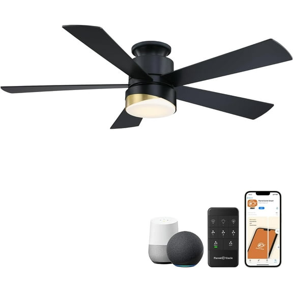 Parrot Uncle Ceiling Fans with Lights Smart Ceiling Fan with Light Flush Mount 52 Inch Black Ceiling Fans for Bedroom, Work with Alexa Remote Control, Dimmable LED Light, Timer