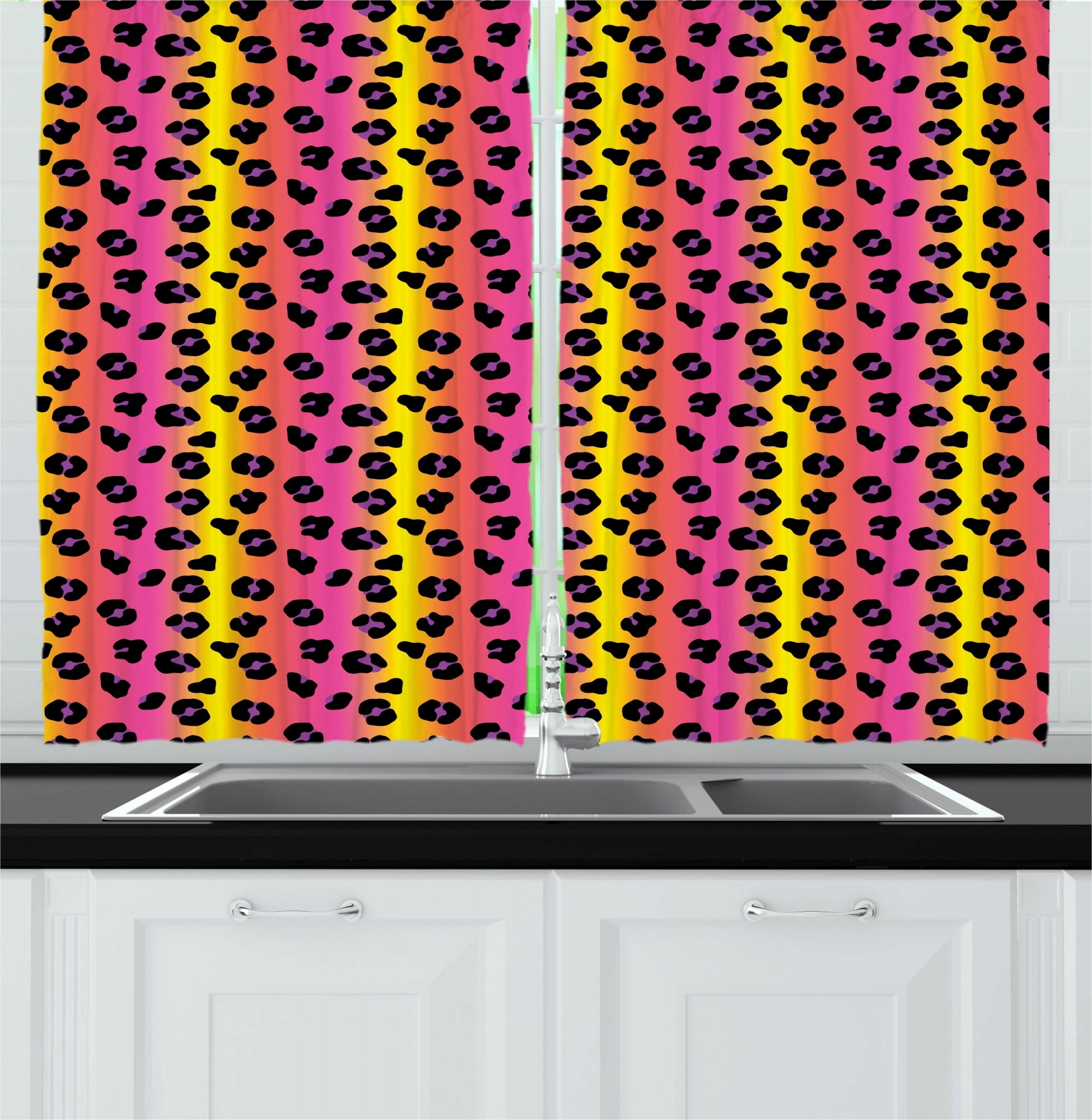Animal Print Kitchen Curtains, Modern Wild Leopard Skin Spots Dots on Ombre Colored Backdrop