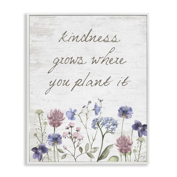 Stupell Industries Farmhouse Kindness Grows Blooming Florals Rustic Grain Pattern White Framed Giclee Art, 11 x 14, by Lettered and Lined