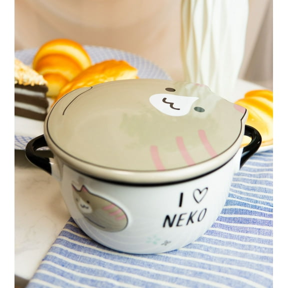 Pack Of 2 Brown Maneki Neko Lucky Cat Porcelain Kids Food Bowls W/ Lid 25Oz