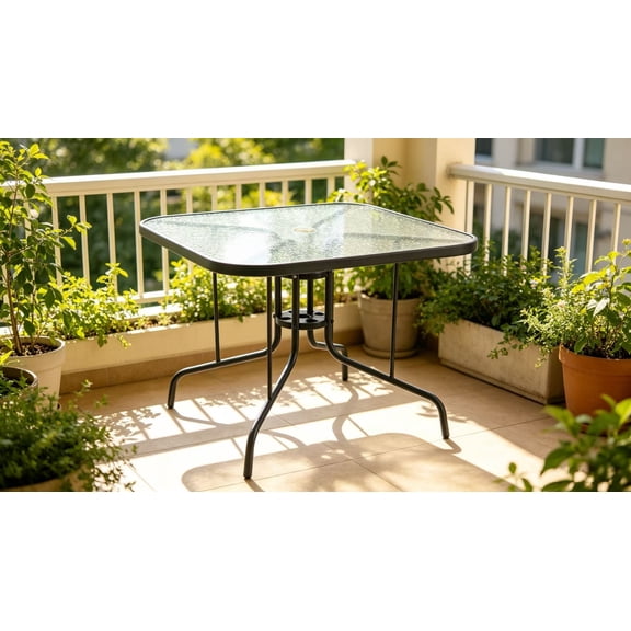 35-Inch Metal Square Outdoor Dining Table, with Umbrella Hole, for Patio Backyard, Dark Grey