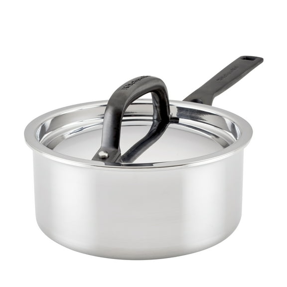 KitchenAid 5-Ply Clad 1.5 Quart Stainless Steel Induction Saucepans with Lid, Dishwasher Safe, Metal Utensil, Broiler