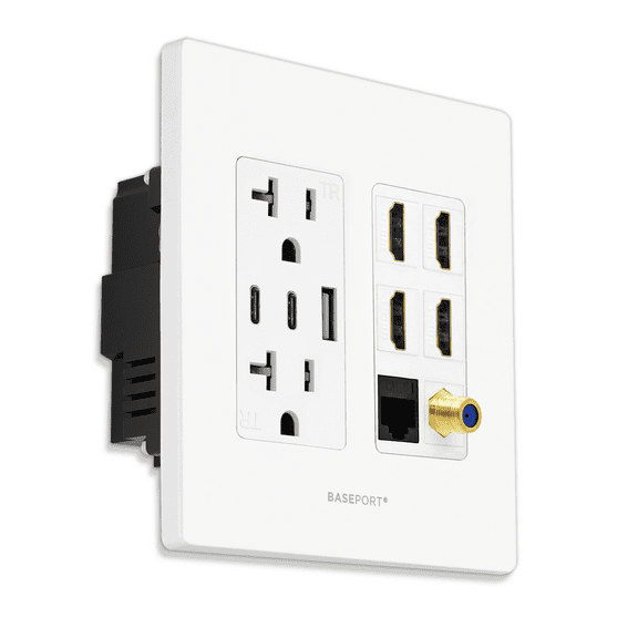 BASEPORT Media Wall Outlet with USB Ports, 20 Amp Outlet with HDMI, Ethernet Coax Wall Plate, White