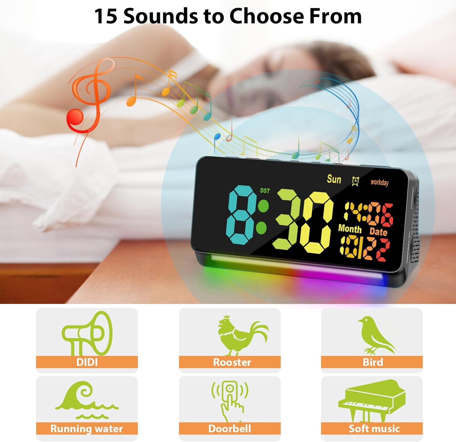 120db Super Loud Alarm Clocks for Heavy Sleepers adults , 15 Wake Up Sounds Alarm Clock for Heavy sleepers , 7 Color Night Light, Dynamic RGB Color , 0-100% Dimmer, Snooze, DST , Large LED Display