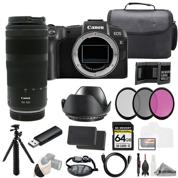 Canon EOS RP Camera   RF 100-400mm f/5.6-8 IS USM Lens  64GB   Ext Bat  3 PC Filter- Kit (International Version)