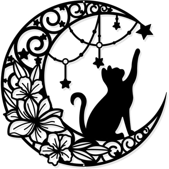 Cat Metal Wall Art Decor 11 8" Moon and Cat Black Wall Hanging Decor Silhouette Wall Art for Home Bedroom Living Room Bathroom Kitchen Office Garden Hotel Wall Decoration