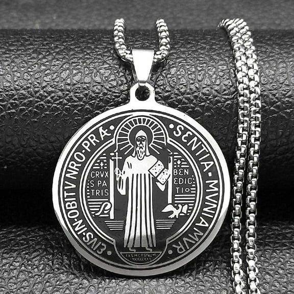 Vintage 14K White Gold Saint Benedict Exorcism Pendant Necklace For Men Fashion Catholic Amulet Jewelry Gifts
