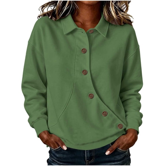 Hurxie Women's Solid Color Sports Casual Loose Button Lapel Hoodless Sweatshirt Top Green,L