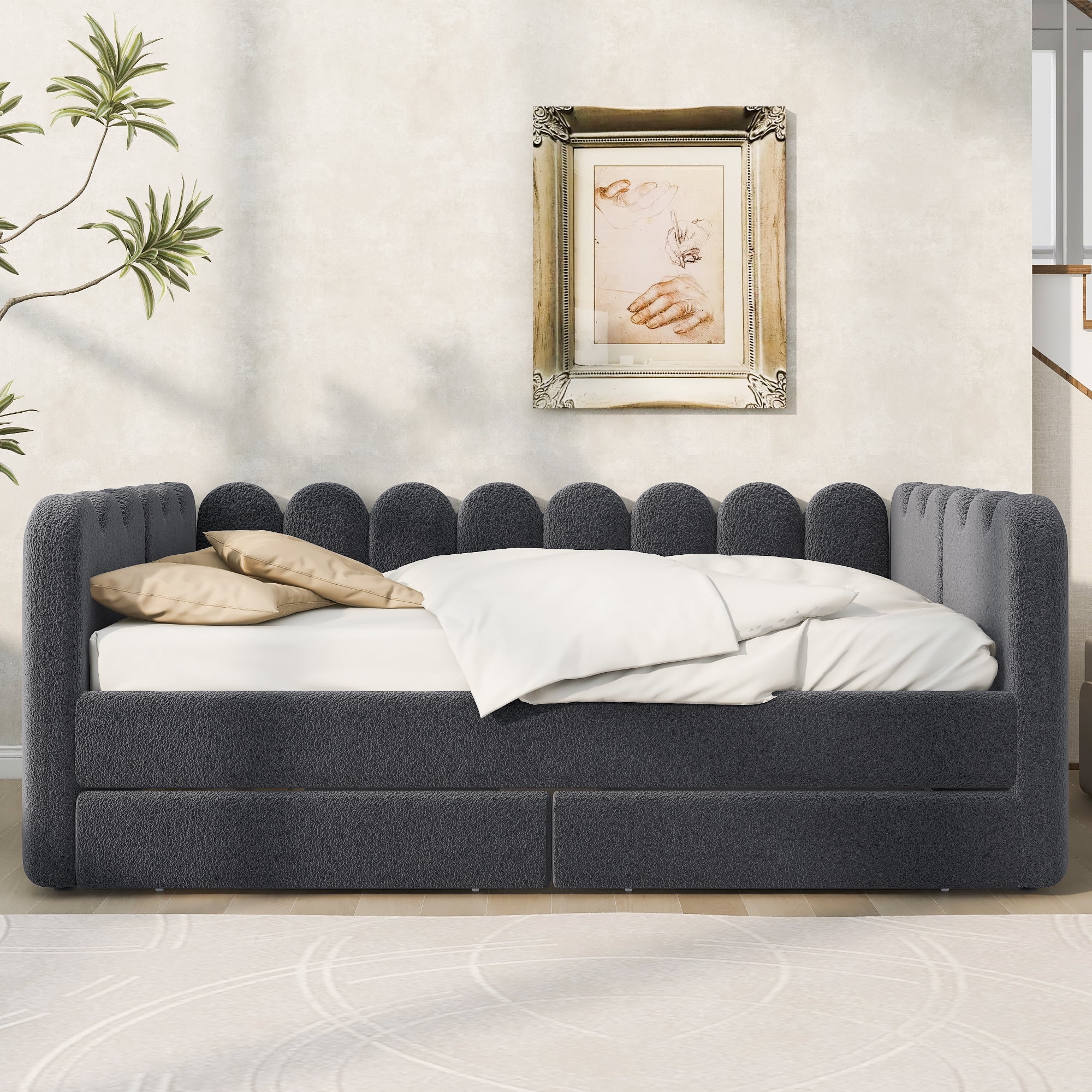 EUROCO Queen Size Upholstered Daybed with 2 Storage Drawers, Solid Wood Sofa Bed Frame, Easy Assembly, Space-Saving Design, Gray