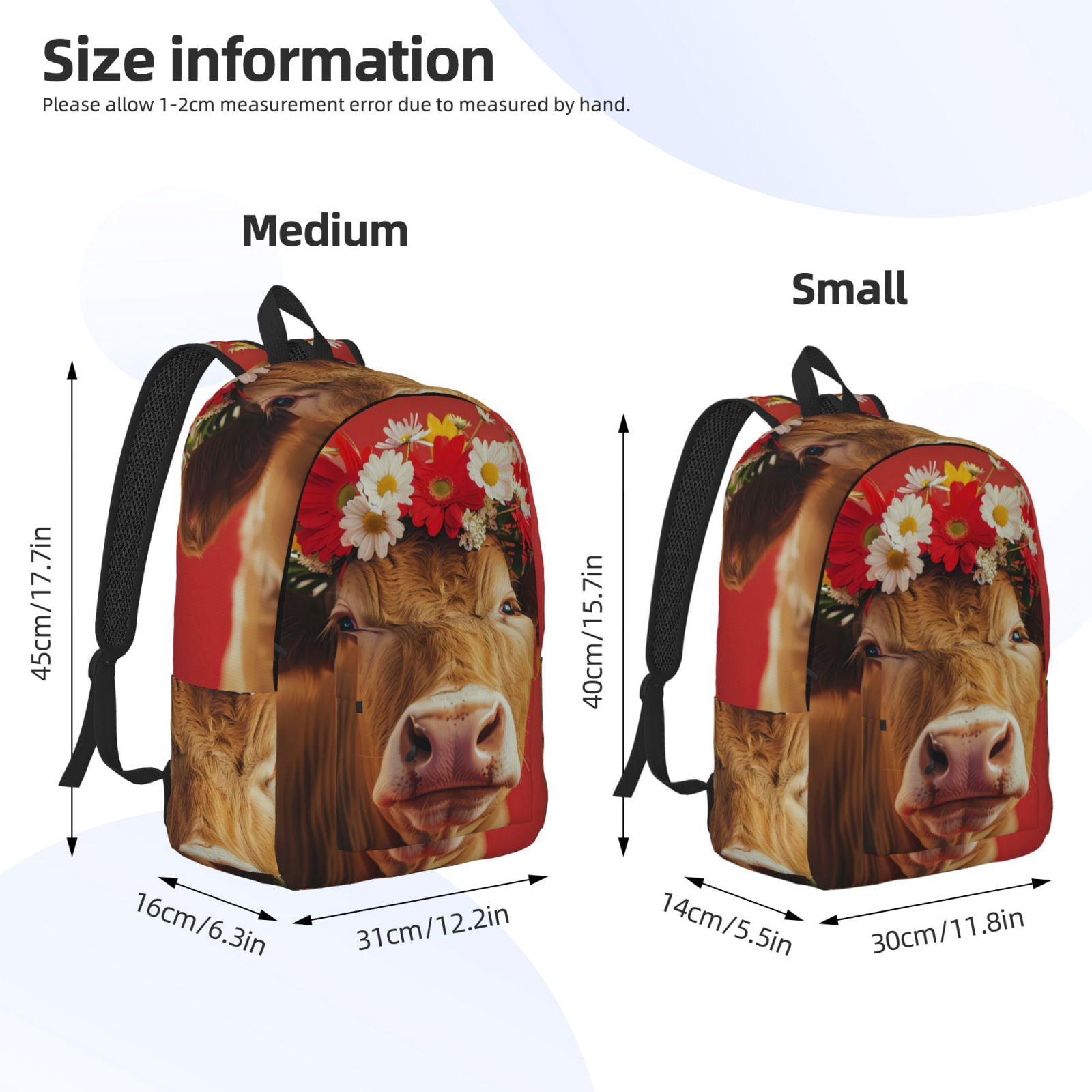 Vsdgher White And Red Daisy Cow Print Canvas Backpack Travel Rucksack Unisex Knapsack 15.7/17.7Inch Laptop Backpack for Work,College -Small