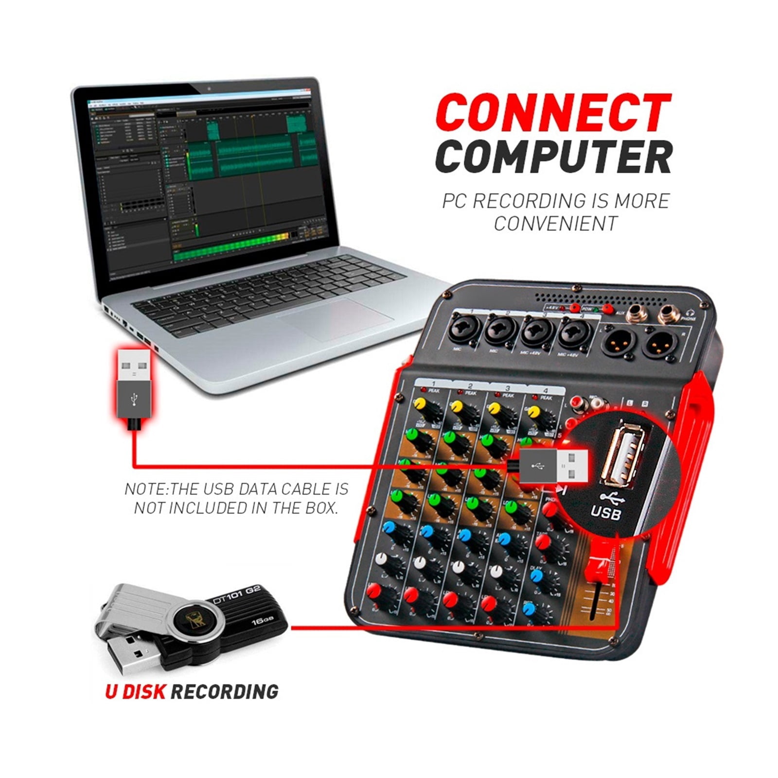 Mixer DJ Consoler 6 Channel DM4 With 48V Phantom, Bluetooth , USB To Recording , Sound Mixing Console ,Easy to Operate