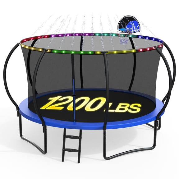 XMIKA 12FT Trampoline with Enclosure, Basketball Hoop, LED Light, Sprinkler, Socks, Wind Stakes, Outdoor Heavy Duty Galvanized Full Spray Round Trampoline for Adults and Kids, Blue