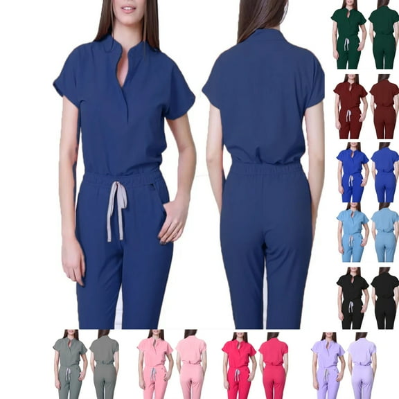 ASDFVBKG Uniforms Scrubs Set for Women Round Neck Snap Front Short Sleeve Jogger Suits with Pockets Nurse Tops & Cargo Pant 2025 Medical Nursing Uniform Casual Workwear Sets Navy XL