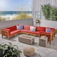 thumbnail image 2 of GDF Studio Cascada Outdoor Acacia Wood 8 Seater Sectional Sofa Set with Fire Pit, Teak, Red, and Light Gray, 2 of 12