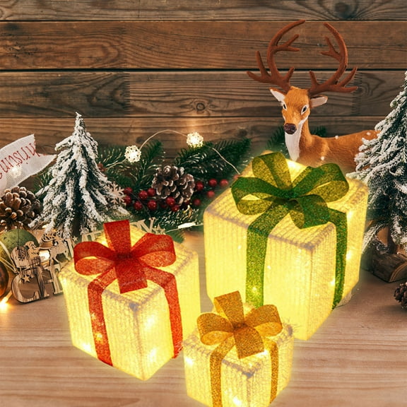 OEFNTAC Decorations Christmas Lighted Gift Boxes Set of 3 Remote Control LED Present Decorations Outdoor Yard Party Decor Holiday Christmas Box 5.1/8.07/10in Christmas Tree Decorations