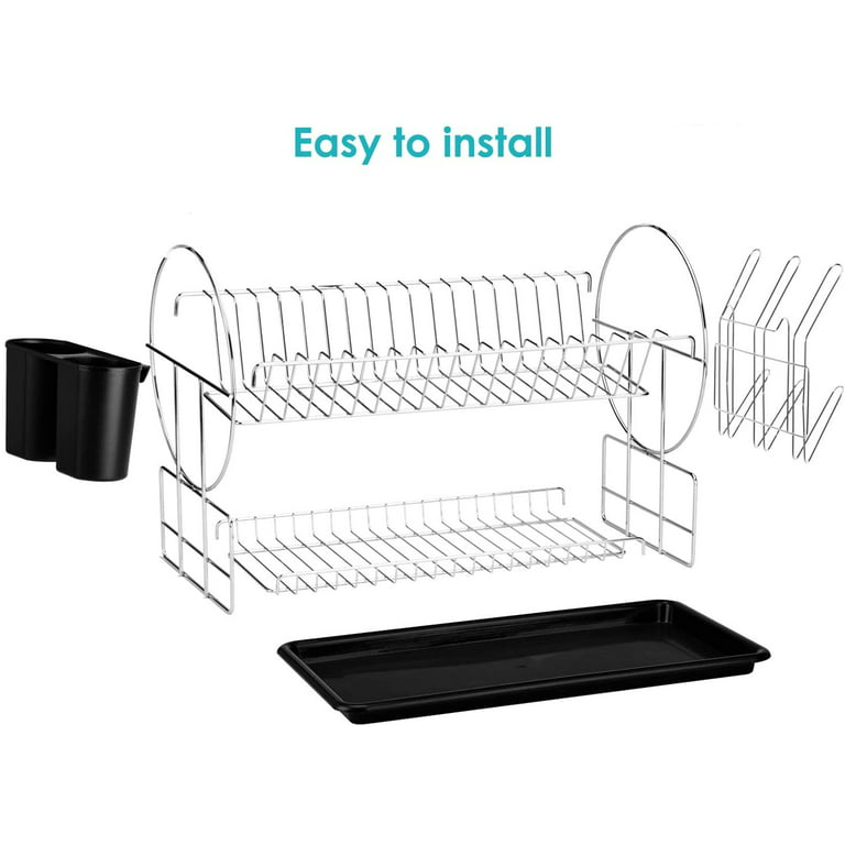GSlife Small Dish Drying Rack - 2-Tier with Drainboard, Utensils Holder,  Glass Holder for Kitchen Counter, Tiered Drainer Space, Black