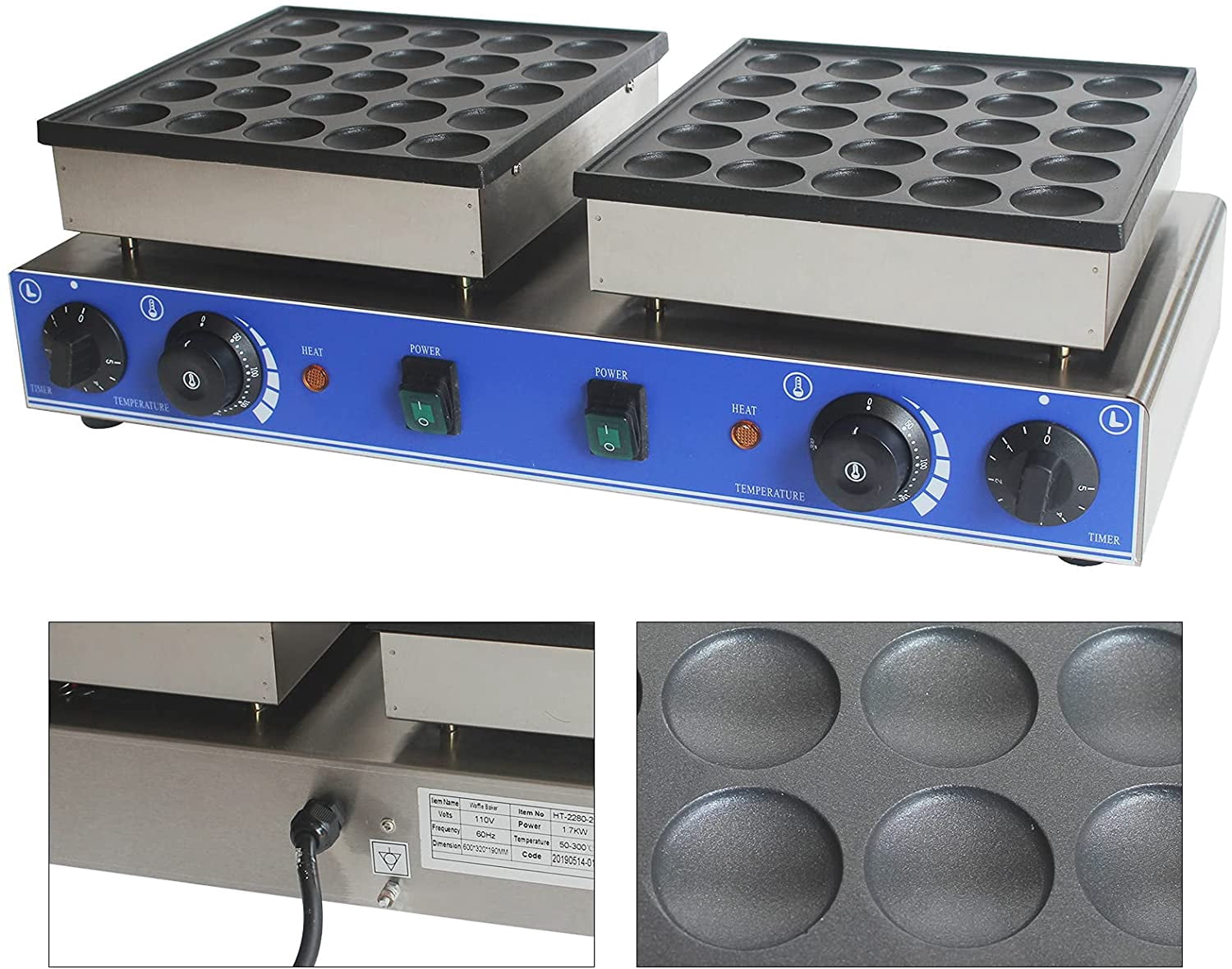 FETCOI Commercial Waffle Maker Machine 50 Holes Mini Dutch Pancakes Maker Stainless Steel Electric Waffle Machine 1600W with 2Pcs Non-stick Pan