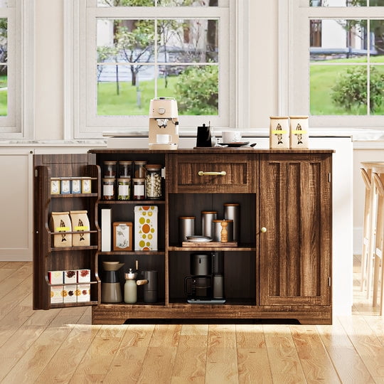 Coffee Bar, Aiho 45" Kitchen Storage Cabinet, Sideboard Buffet Cabinet with 14 Shelves, 1 Drawer - Brown