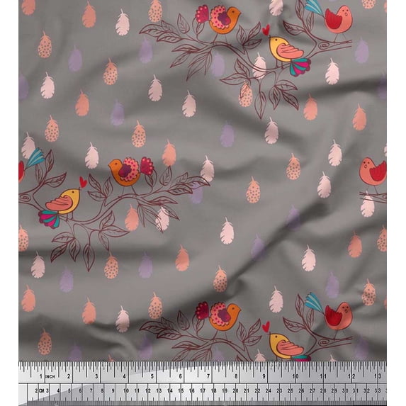 Soimoi Velvet Fabric Feather,Branch & Bird Kids Print Fabric by Yard 58 Inch Wide