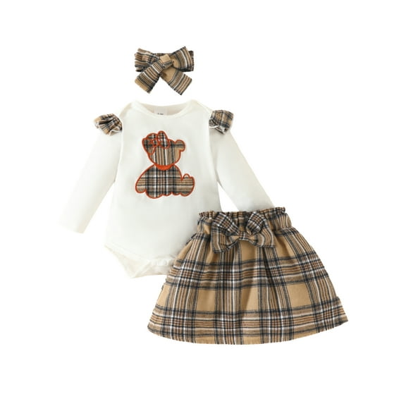 Bagilaanoe 3Pcs Newborn Baby Girls Skirt Set Long Sleeve Ruffle Romper Tops   Plaid Skirt   Headband 3M 6M 9M 12M 18M Infant Casual Outfits