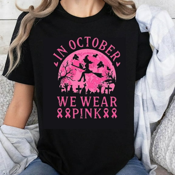 100% Cotton In October We Wear Pink Breast Cancer Awareness Halloween Witch Moon Women T-Shirt