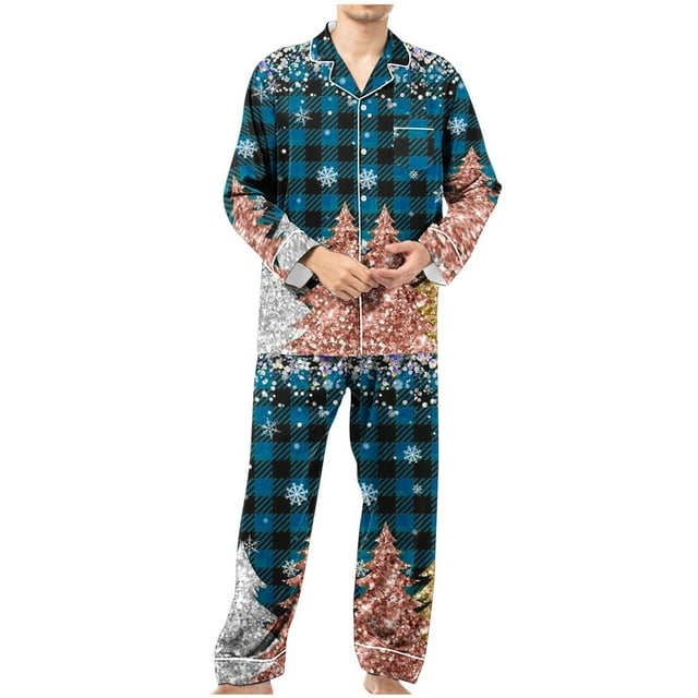 Jgppe Mens 2 Piece Pajama Set Christmas Print Button down Long Sleeve Tops and Long Pants Comfy Sleepwear