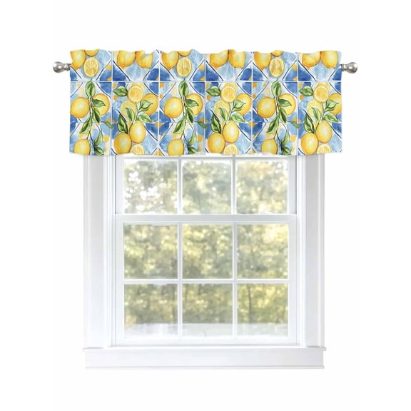 Watercolor Lemon Curtain Valances for Windows, Botanical Leaves Country Blue Kitchen Valance Window Treatment, Light Filtering Block Curtains for Bathroom/Bedroom/Living Room 42'' x 18''