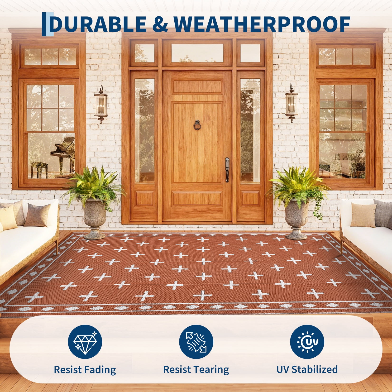 COZONY 9'x18' Outdoor Rug, Reversible Waterproof Plastic Straw Patio Mat, Large RV Camping Rug with Geometric Design for Deck, Bangeyard, Beach