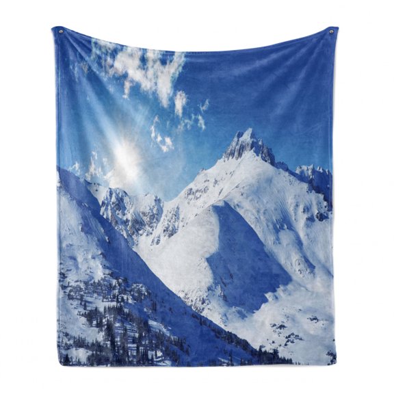 Winter Soft Flannel Fleece Blanket, Mountain Peaks in Sunny Winter West Northern of States Tranquil Habitat Hike Image, Cozy Plush for Indoor and Outdoor Use, 60" x 80", White Blue, by Ambesonne