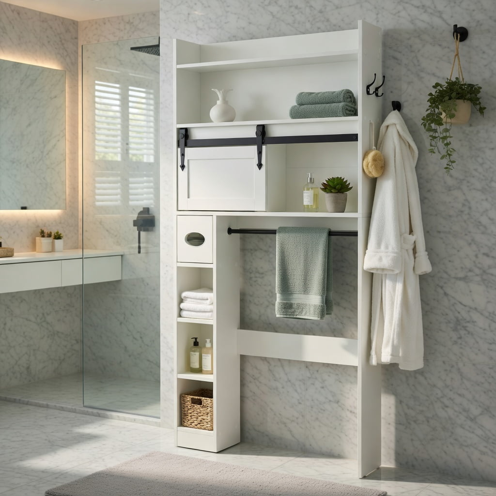 Hommoo Over-the-Toilet Storage Cabinet with Sliding Barn Door, Adjustable Shelves & Toilet Paper Holder, White