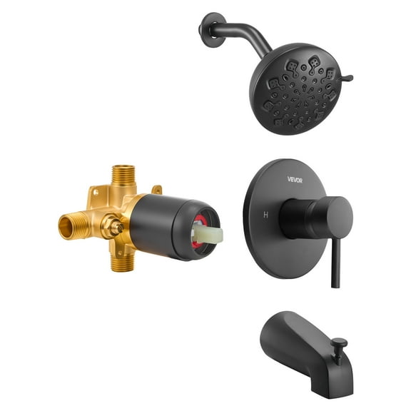 VEVOR Tub and Shower Faucet Set, Complete with 4.7-Inch Rainfall Shower Head and Bathtub Spout, 9-Setting Adjustable Spray, Single-Handle Tub Trim Kit with Brass Pressure Balancing Valve, Matte Black