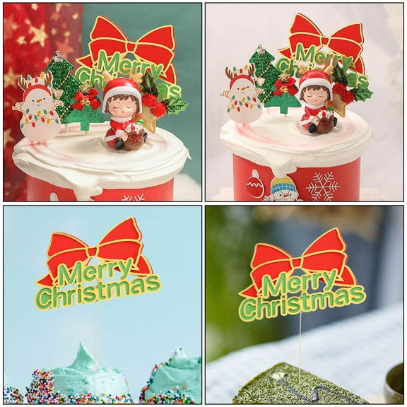 LEORX 5Pcs Christmas Cake Decoration with Red Bowknot Toppers for Home Cooks and Bakers