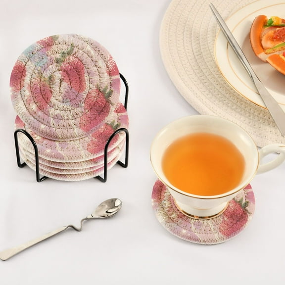 BZSMCE 6Pcs Drink Coasters With Holder 3.94Inch Strawberries Floating Creative Coil Coaster Coasters Colors Absorbent Coasters for Drinks Coasters Set Thicken Heat for Home Table