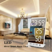 Digital LED Alarm Clock, 6" Mirror Surface Alarm Clock, Indoor Temperature Humidity Monitor with USB Charging Ports, Snooze, Auto/Manual Adjustable Brightness White