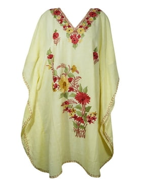 Mogul Women Beige Embellished Floral Short Caftan Lounger Cover Up BOHO CHIC Tunic Dress 2XL